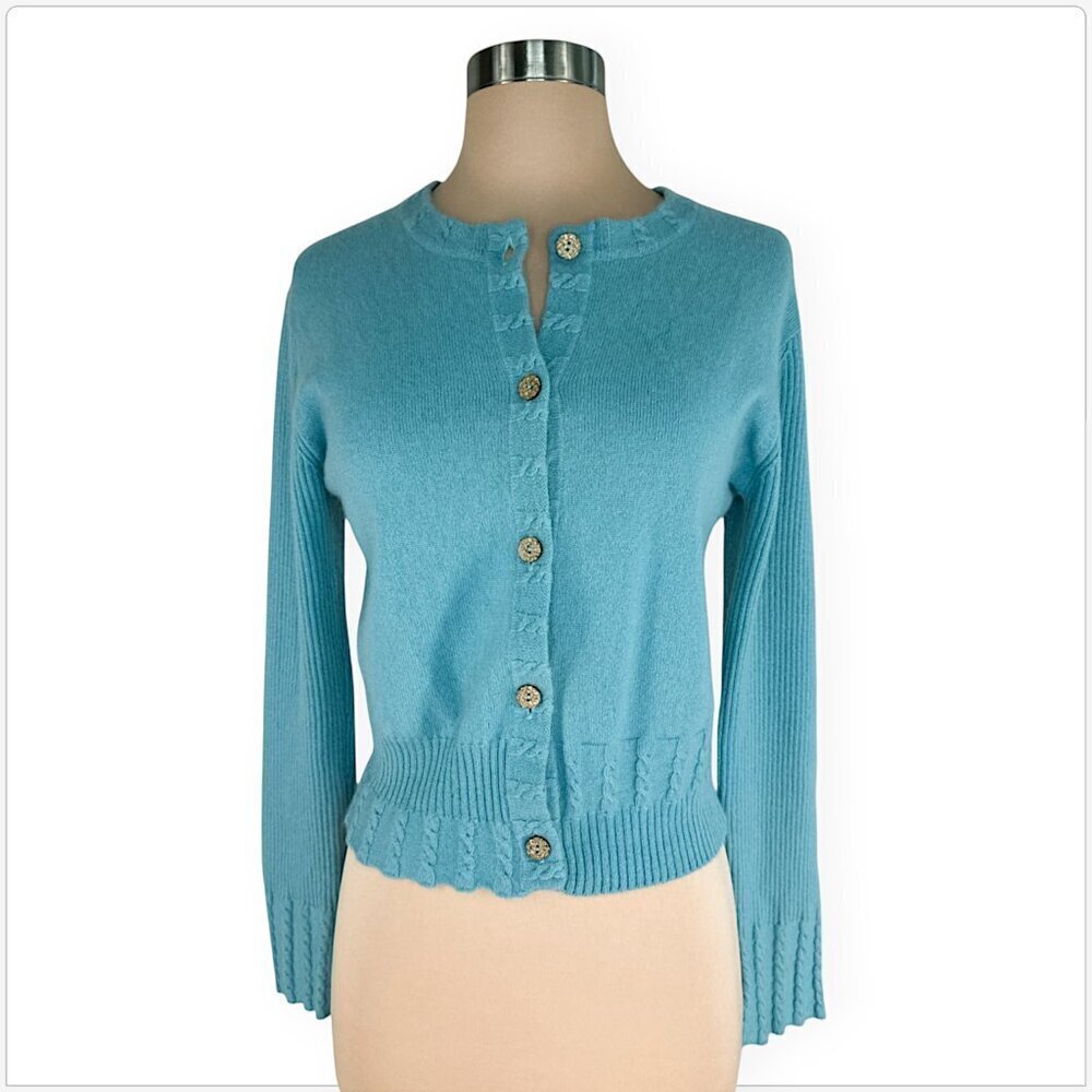Avita Aqua Blue 100% Cashmere Knit Cardigan Sweater Button Front Mixed Knits S